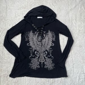 23 Love Street Bling Angel Wing Lace Up Lightweight Hoodie Shirt